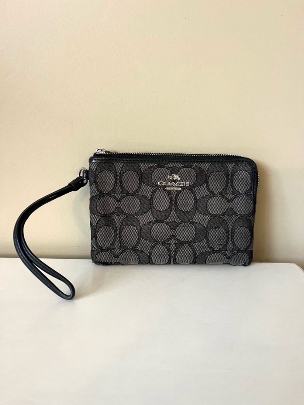Coach Signature PVC Small Corner Zip Wristlet in Black Smoke